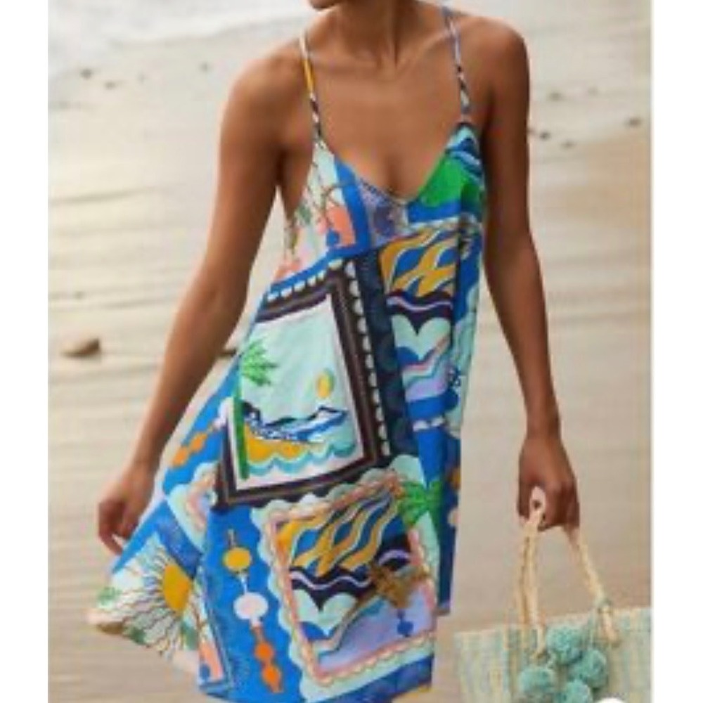 Anthropologie‎ Postcard Cover-Up Mini Dress Womens Blue Small Cotton Rayon